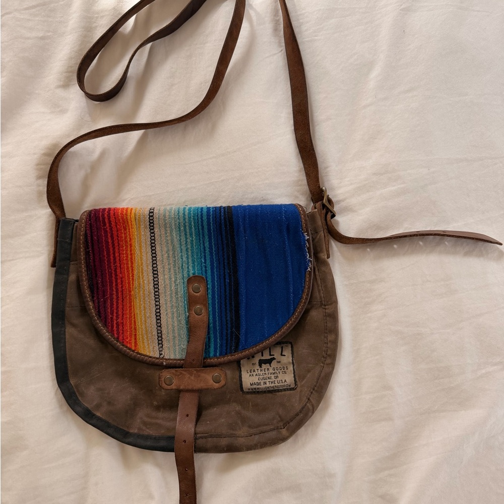 Vintage-Inspired Brown Canvas Crossbody with Rainbow Stripe Flap